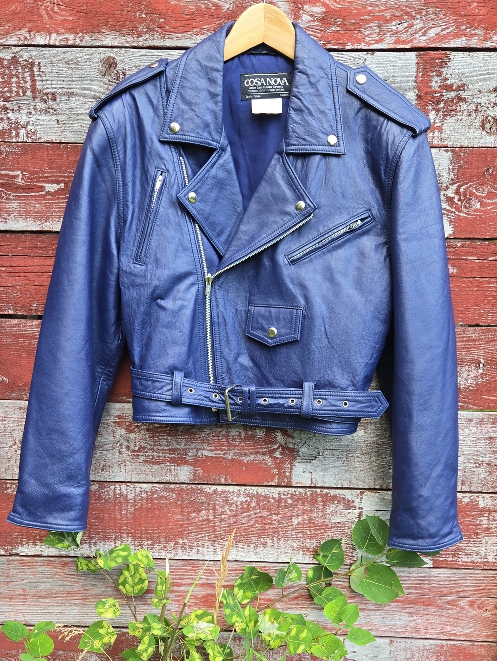 Vintage Cosa Nova Blue Leather Biker Moto Jacket Size Large Cropped